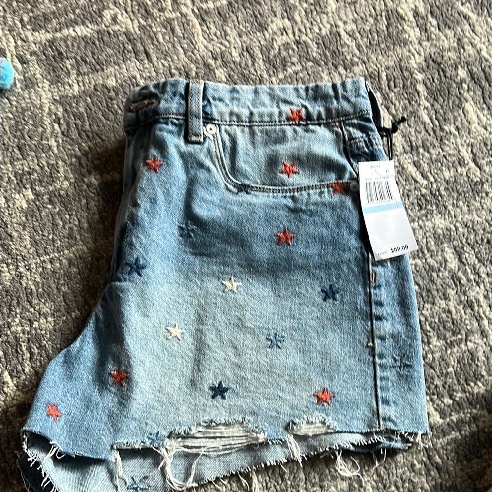 Blank NYC Blue and Red Jean Shorts Distressed Frayed Hem